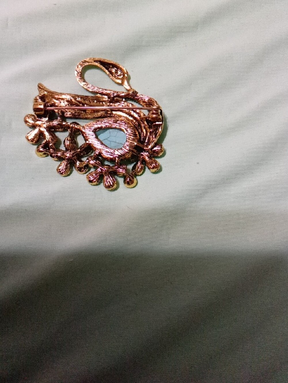 Turquoise Crystal Swan Brooch in Antique Gold Tone - Picture 3 of 4